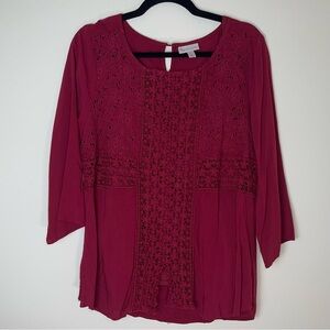 dressbarn | Burgundy Lace Front 3/4 Length Sleeve Top | XL